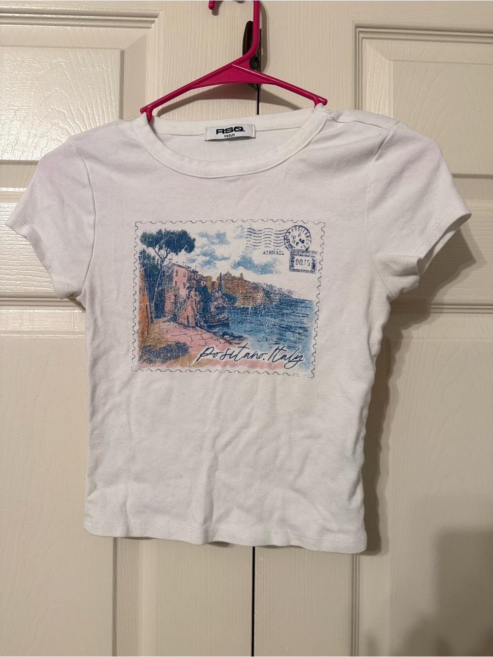 RSQ White Short-Sleeve Graphic Tee with Blue & Pink Positano Print